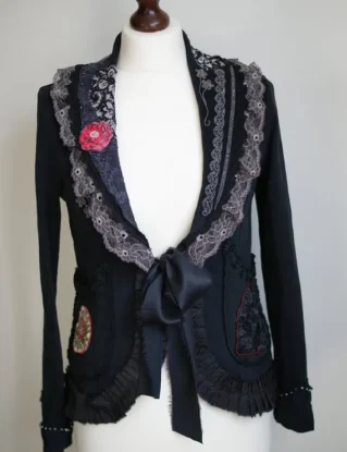 Reworked black jacket, Victorian jacket, bohemian jacket, shabby chic jacket, wearable art, tattered jacket, altered jacket, goth jacket. by KingaDesign steampunk buy now online