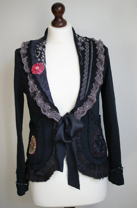 Reworked black jacket, Victorian jacket, bohemian jacket, shabby chic jacket, wearable art, tattered jacket, altered jacket, goth jacket. by KingaDesign steampunk buy now online