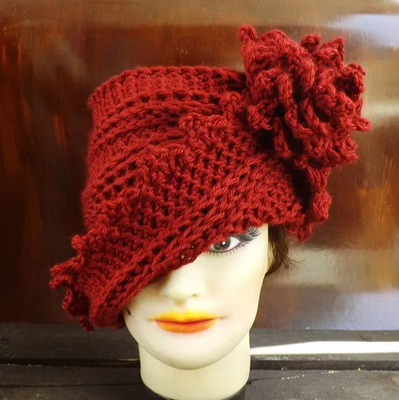 Crochet Cloche Hat 1920s, Crochet Hat Womens Hat Trendy, Womens Crochet Hat, Autumn Red Hat, LAUREN 1920s Cloche Hat Crochet Flower by strawberrycouture steampunk buy now online