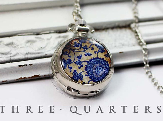 Flowers, Japan, pocket watch, chain watch, blue, vines, watch chain, oriental, abstract, vintage, silver, boho, necklace, dark blue by ThreeQuartersDiary steampunk buy now online