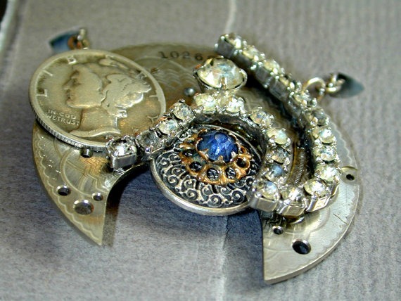 Upcycled OOAK Steampunk watchworks rhinestone dime necklace by whimsandbrims steampunk buy now online