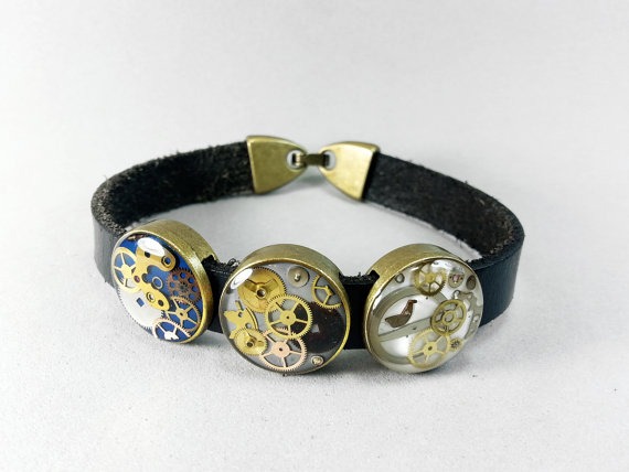 Custom made, steampunk bracelet, leather bracelet, resin bracelet cuff, custom bracelet, name personalized jewlery, clockwork by ByEmilyRay steampunk buy now online