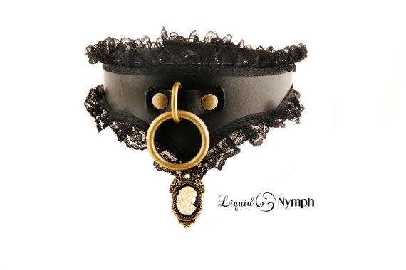 Cameo BDSM Collar Black Leather Lace Steampunk BDSM Bondage Hand Made in USA - Beautiful Victorian Slave and Fetish Choker Snaps/Locking by LiquidNymph steampunk buy now online
