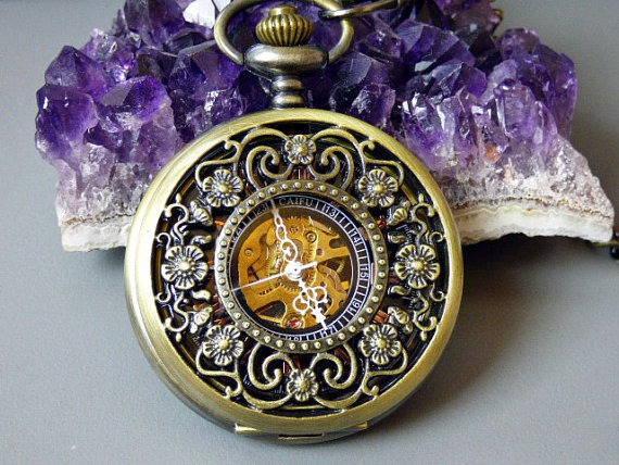 Premium Victorian Engravable Bronze Mechanical Pocket Watch with Watch Chain - Gift Sets - Steampunk - Custom Watch - Item MPW-110sv by ArtInspiredGifts steampunk buy now online