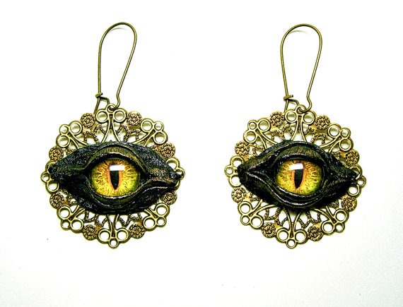 Dragon eye antique style bronze tone genuine leather earrings with dragon eye. Halloween leather earrings. Dangle earrings. Leather earrings by LeasBoutique steampunk buy now online