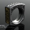 Square mens diamond ring. Heavily engraved two tone solid gold and sterling silver. Pinstripe and scrollwork. Steampunk Western Victorian. by DeMerJewelry steampunk buy now online