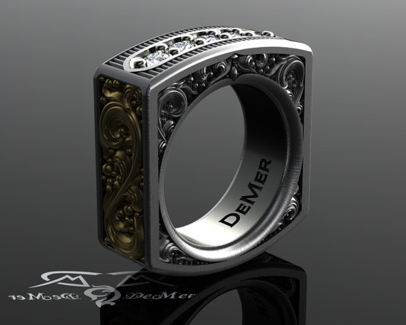 Square mens diamond ring. Heavily engraved two tone solid gold and sterling silver. Pinstripe and scrollwork. Steampunk Western Victorian. by DeMerJewelry steampunk buy now online