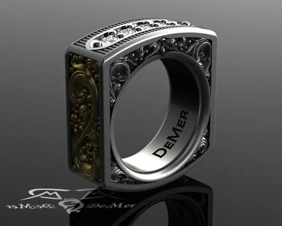 Square mens diamond ring. Heavily engraved two tone solid gold and sterling silver. Pinstripe and scrollwork. Steampunk Western Victorian. by DeMerJewelry steampunk buy now online