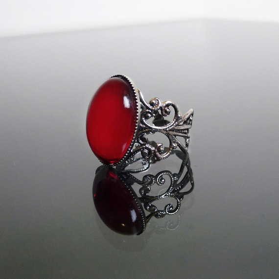 Ruby red Victorian gothic ring - ornate filigree steampunk ring - adjustable BELLA ring by DarkEleganceDesigns steampunk buy now online