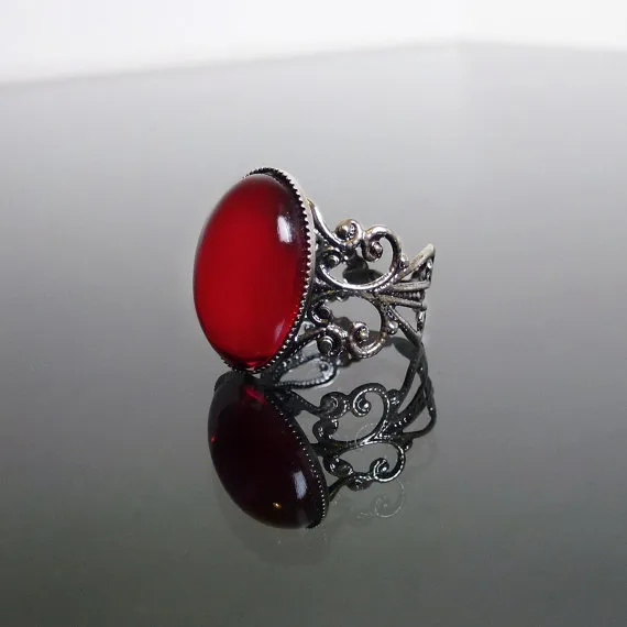 Ruby red Victorian gothic ring - ornate filigree steampunk ring - adjustable BELLA ring by DarkEleganceDesigns steampunk buy now online