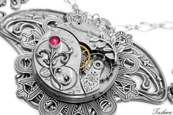 Pink Tourmaline Necklace, Steampunk, Avant Garde, Sterling Silver, Bib Necklace, Floral, Art Nouveau, Antique Pocket Watch, Wedding Necklace by tasherajean steampunk buy now online