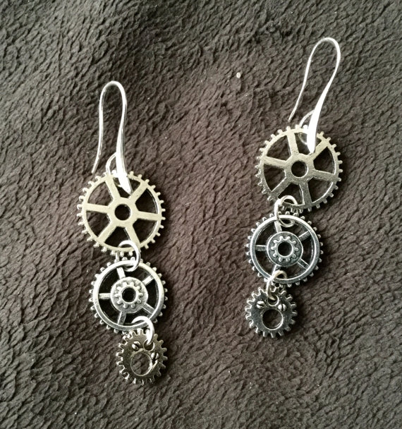 Steampunk Gears Silvertone Dangle Earrings by thecurioddityshop steampunk buy now online