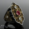 Enormous ladies power ring. The Opia Femme by DeMer Jewelry. 14kt European gold, rhodolite garnet, diamonds Victorian scrollwork steampunk. by DeMerJewelry steampunk buy now online