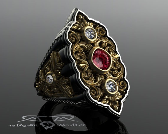 Enormous ladies power ring. The Opia Femme by DeMer Jewelry. 14kt European gold, rhodolite garnet, diamonds Victorian scrollwork steampunk. by DeMerJewelry steampunk buy now online