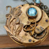 steampunk necklace LOVE TAKES TIME antique year 1900s Elgin brass vintage pocket watch with iris flower and aqua blue Swarovski rhinestone by junesnight steampunk buy now online