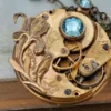 steampunk necklace LOVE TAKES TIME antique year 1900s Elgin brass vintage pocket watch with iris flower and aqua blue Swarovski rhinestone by junesnight steampunk buy now online