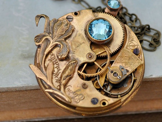 steampunk necklace LOVE TAKES TIME antique year 1900s Elgin brass vintage pocket watch with iris flower and aqua blue Swarovski rhinestone by junesnight steampunk buy now online