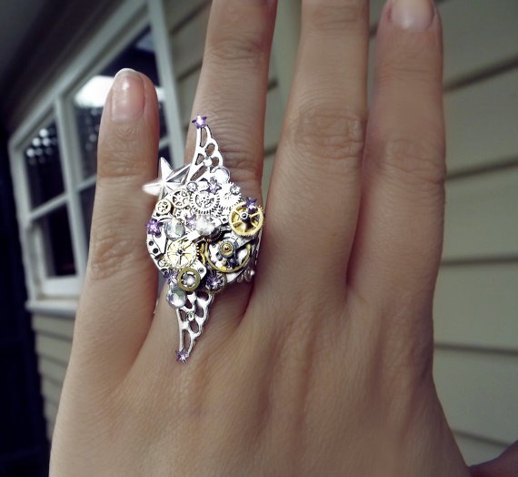 Steampunk ring, silver steampunk, boho ring, angel ring, magic ring, watch gear ring, crystal ring, filigree ring, steampunk fashion, OOAK by CindersJewelryDesign steampunk buy now online