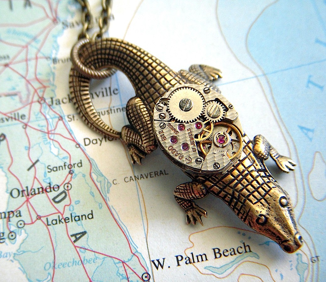 Steampunk Necklace Alligator Necklace Tiny Vintage Watch Movement Crocodile Necklace Unique Pendant Women's Steampunk Jewelry steampunk buy now online