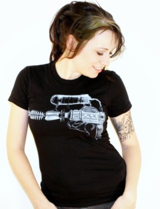 Steampunk Blaster Raygun Print on Black Ladies American Apparel TShirt - Free Shipping - Available in Small, Medium, Large and Extra Large steampunk buy now online