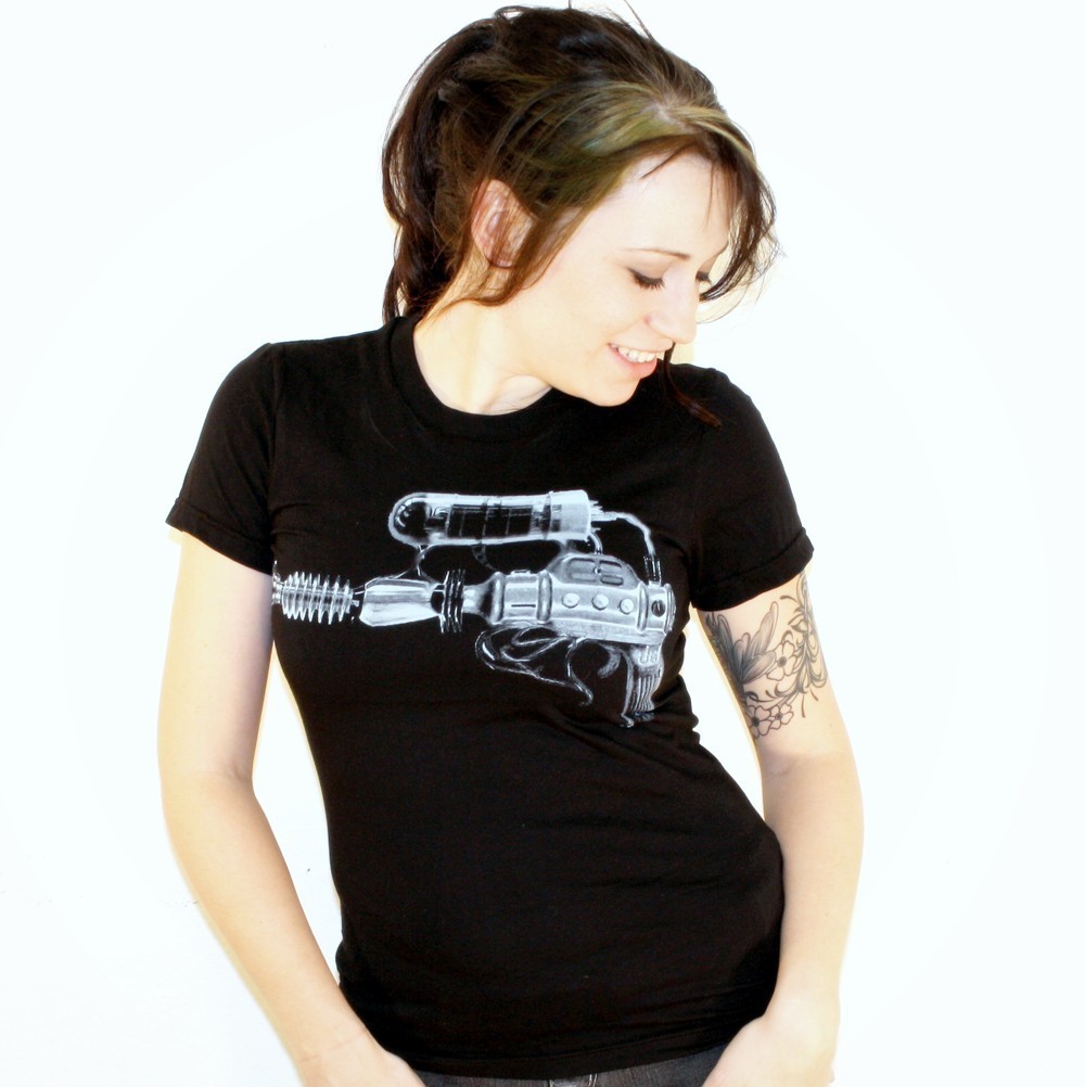 Steampunk Blaster Raygun Print on Black Ladies American Apparel TShirt - Free Shipping - Available in Small, Medium, Large and Extra Large steampunk buy now online