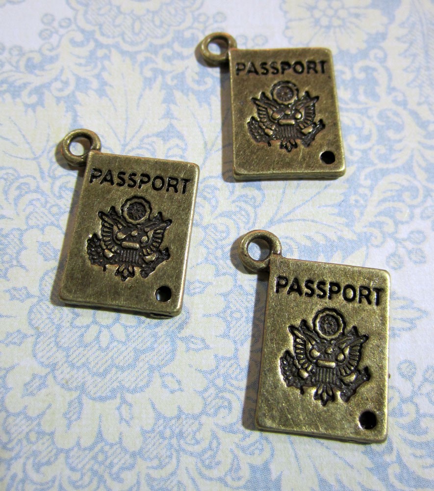 10 passport pendant charms, brass plated, 12x16mm wide (lead and nickel free) steampunk buy now online