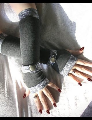 Gwendolyn's Grey Gauntlets Spat Style Arm Warmers - Heather Charcoal Gray - Paisley Wrist Strap & Vintage Silver Button - Lolita Gothic Boho steampunk buy now online