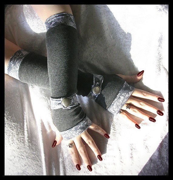 Gwendolyn's Grey Gauntlets Spat Style Arm Warmers - Heather Charcoal Gray - Paisley Wrist Strap & Vintage Silver Button - Lolita Gothic Boho steampunk buy now online