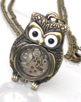 Steampunk - Time Flys MR OWL Pendant- Jeweled Watch Movement - Gears and Cogs - Antique Brass - Neo Victorian - By GlazedBlackCherry steampunk buy now online