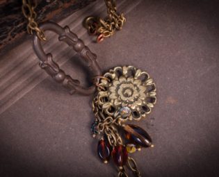 Brass floral medallion pendant. Handmade vintage assemblage necklace steampunk buy now online