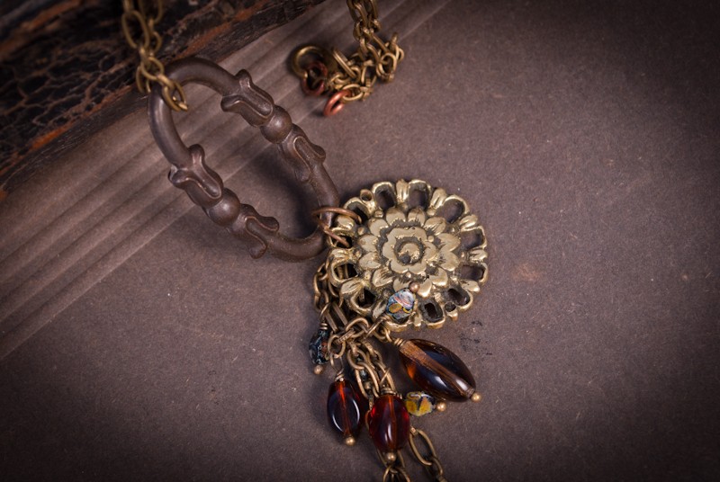 Brass floral medallion pendant. Handmade vintage assemblage necklace steampunk buy now online