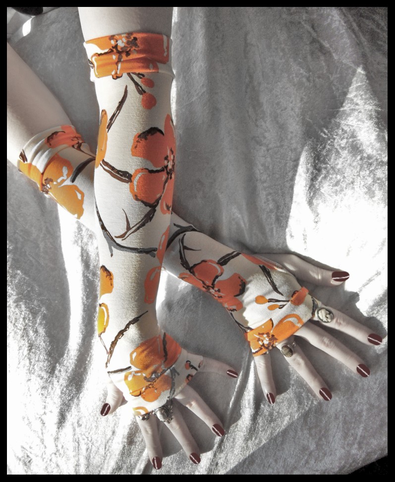 Arm Warmers Gloves in Cream Brown Grey Sumi Style Floral Branches Soft Modal - Orange Blossom - Yoga Light Cycling Mori Hooping Gothic steampunk buy now online