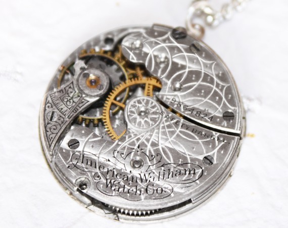 Steampunk Necklace - High End Spectacular Lotus GUILLOCHE ETCHED WALTHAM Antique Pocket Watch Movement Men Steampunk Necklace Wedding Gift steampunk buy now online