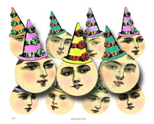 Lady Moon in Party Hat Digital Collage Sheet Instant Download Paper Crafts Original Whimsical Altered Art by Gallery Cat CS91 steampunk buy now online