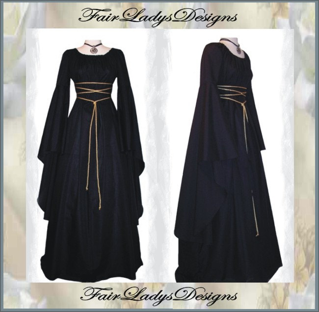 Sale ~ Medieval/Renaissance Black Trumpet Sleeve Costume Gown, Custom made to order in your Color. steampunk buy now online