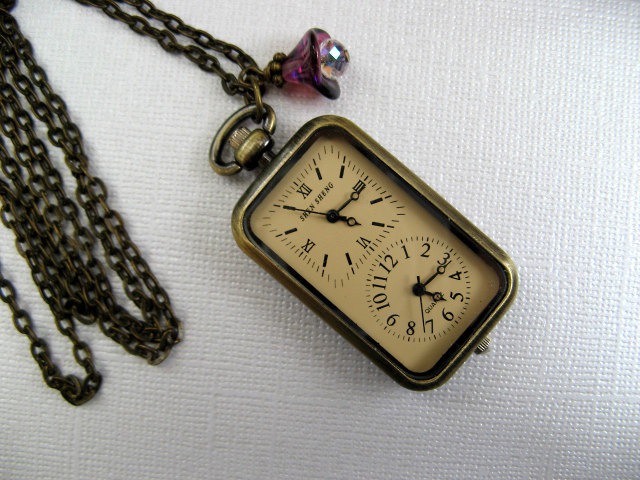 Double Watch Necklace, Antique Bronze Floral Watch Pendant, Swarovski Charm, Amethyst Czech Glass Flower - Watch steampunk buy now online