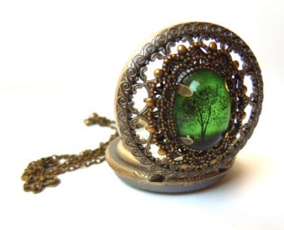 Emerald Bewitched -- Wearable Art Pocket watch necklace-Valentine's Gift steampunk buy now online