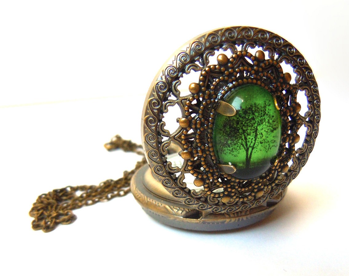 Emerald Bewitched -- Wearable Art Pocket watch necklace-Valentine's Gift steampunk buy now online