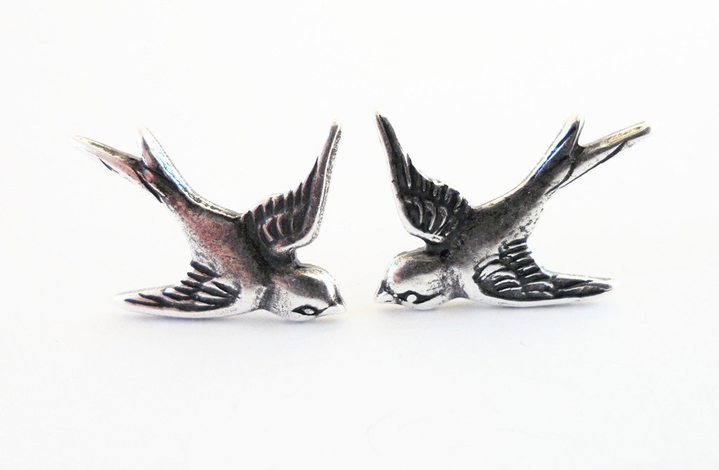 Steampunk Sparrow Earrings- Sterling Silver Ox Finish- Surgical Steel or Titanium Post Earrings steampunk buy now online