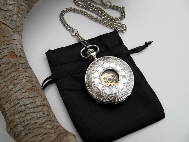 Pocket Watch Silver Engraved Roman, Mechanical Pocket Watch includes Watch Chain - Groomsmen Gift - Men - Steampunk - Watch - Item MPW155 steampunk buy now online