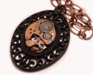 Steampunk Necklace, Gorgeous Black Filigree Pendant, Copper Time Piece steampunk buy now online