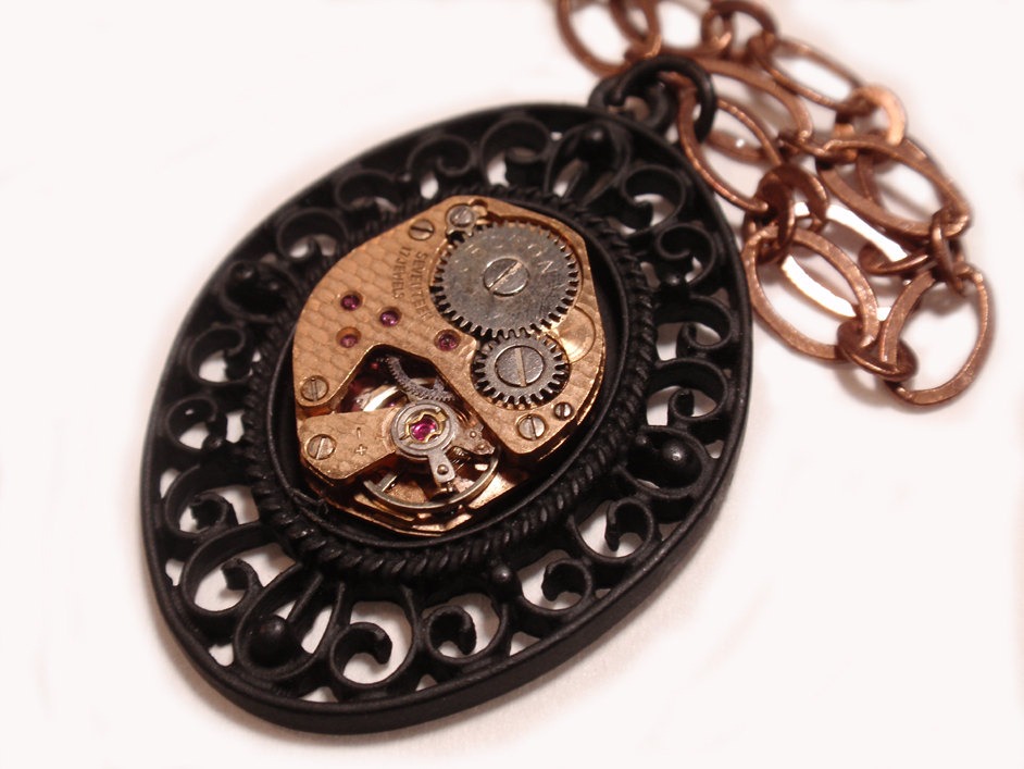 Steampunk Necklace, Gorgeous Black Filigree Pendant, Copper Time Piece steampunk buy now online