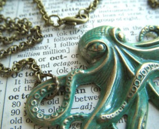 Big Octopus Necklace Rustic Painted Green Color Rustic Primitive Antiqued Brass Stamped Metal Long Rolo Chain steampunk buy now online