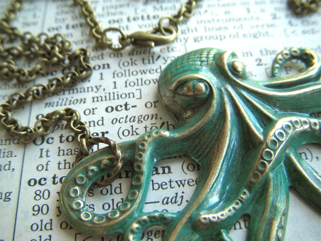 Big Octopus Necklace Rustic Painted Green Color Rustic Primitive Antiqued Brass Stamped Metal Long Rolo Chain steampunk buy now online