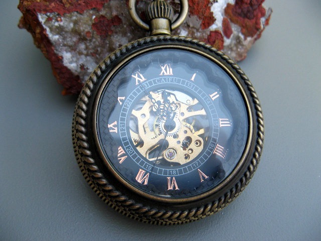 Antique Bronze Mechanical Pocket Watch - Pocket Watch Chain - Glass Magnifying Cover - Steampunk Victorian Era - Groomsmen - Item MPW110 steampunk buy now online
