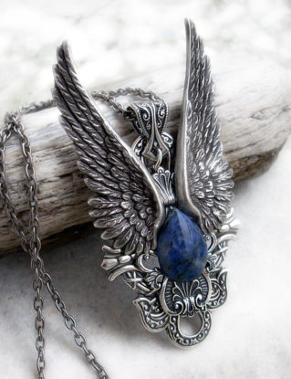 Silver Wing Necklace Blue Sodalite women men Gothic Jewellery Angel Wing Necklace Large Pendant steampunk buy now online