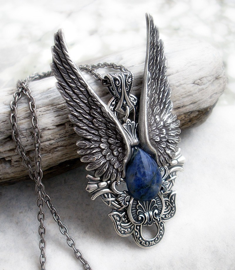 Silver Wing Necklace Blue Sodalite women men Gothic Jewellery Angel Wing Necklace Large Pendant steampunk buy now online