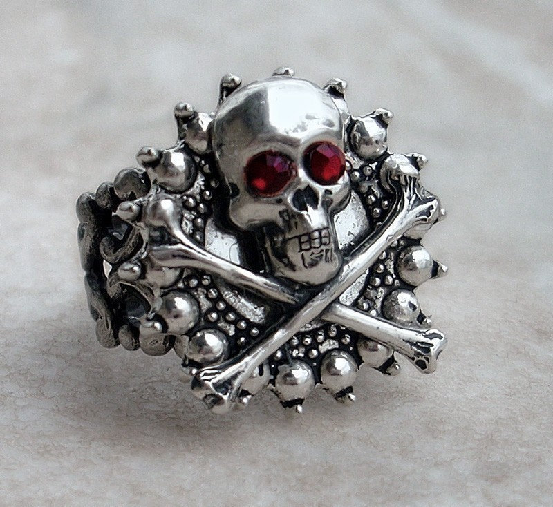 Goth Skull Ring Gothic Jewelry Silver Ring Red Crystal Mens Womens Adjustable Ring Open Back steampunk buy now online