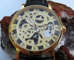 Goldtone Mechanical Wrist Watch with Black Leather Wristband, Steampunk - Groom - Groomsmen - Watch - Item MWA384 steampunk buy now online