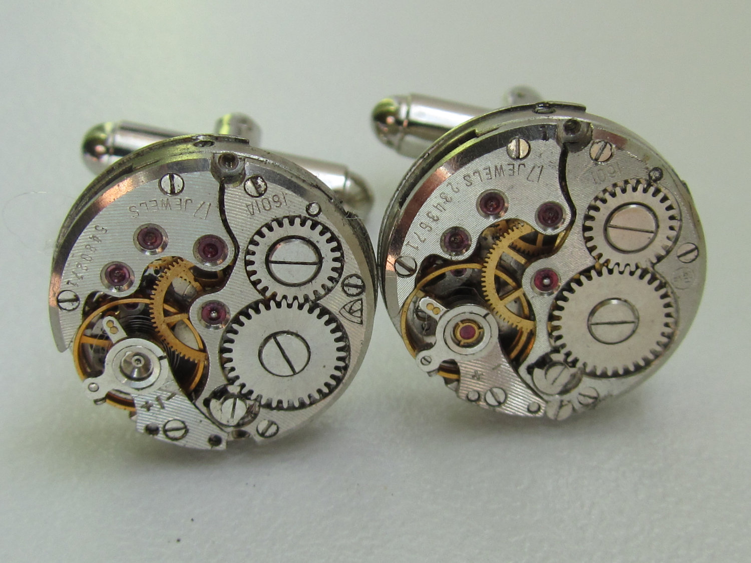 Steampunk Cufflinks with the smallest round vintage watch movements. Vintage upcycled mens Cuff Links, Gift under 30 Dollars steampunk buy now online